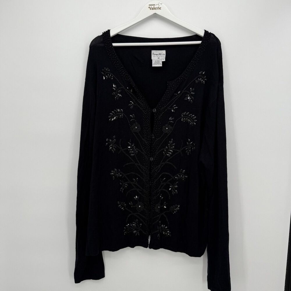 Pamela McCoy Black Beaded Cardigan Plus Size 2X Classic Rayon Blend